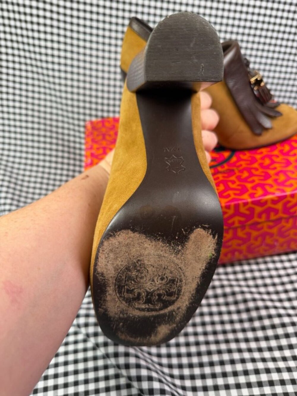 Tory Burch Arelia Kiltie Pump Heels 7.5M Viccoc Brown Suede Leather Tassel Block - Picture 6 of 9